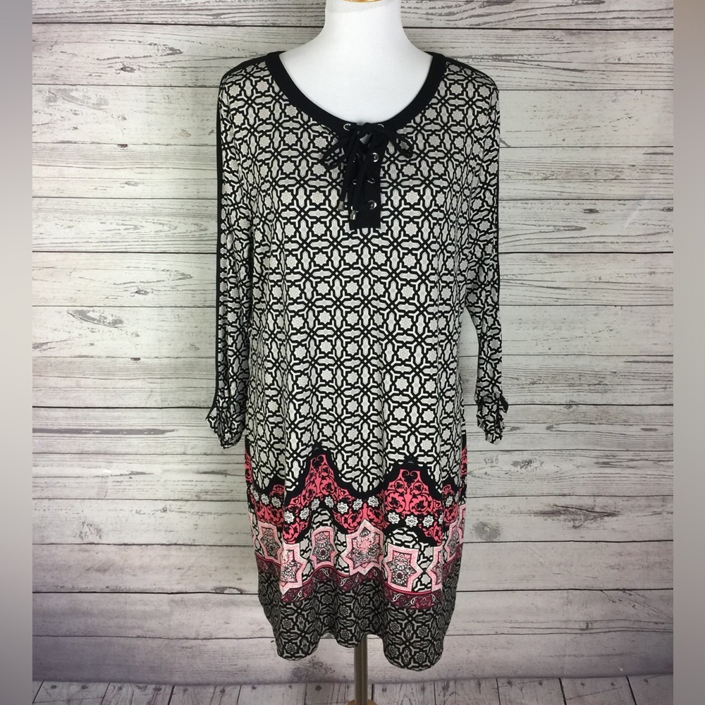JM Collection Multicolor Geo Print 3/4 Ruched Sleeve Stretch Shift Dress